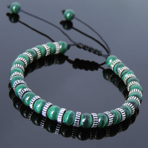 Men's Women Malachite Adjustable Braided Bracelet 925 Sterling Silver Spacers DiyNotion BR857