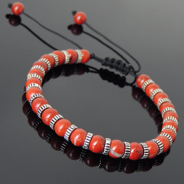 Men's Women Red Jasper Stone Adjustable Braided Bracelet 925 Sterling Silver Spacers DiyNotion BR859