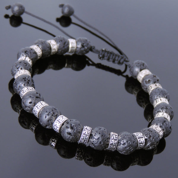 Men's Women Lava Rock Adjustable Braided Bracelet 925 Sterling Silver OM Spacers DiyNotion BR860