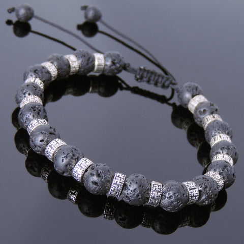 Men's Women Lava Rock Adjustable Braided Bracelet 925 Sterling Silver OM Spacers DiyNotion BR860