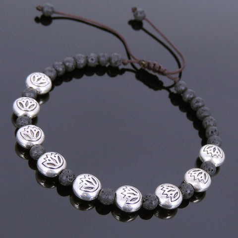 Men's Women Lava Rock Adjustable Braided Bracelet Tibetan Silver Lotus Beads DiyNotion T240