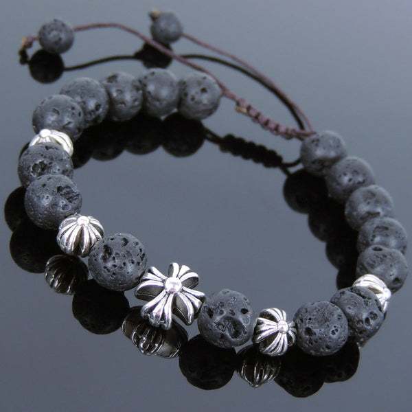 Men's Women Lava Rock Adjustable Braided Bracelet Tibetan Silver Cross Beads DiyNotion T245