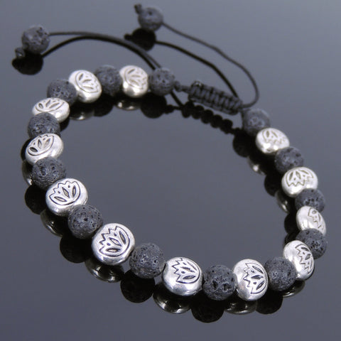 Men's Women Lava Rock Adjustable Braided Bracelet Tibetan Silver Lotus Beads DiyNotion T248