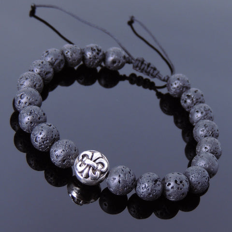 Men's Women Lava Rock Adjustable Braided Bracelet Tibetan Silver Double-sided Fleur de Lis Bead DiyNotion T252