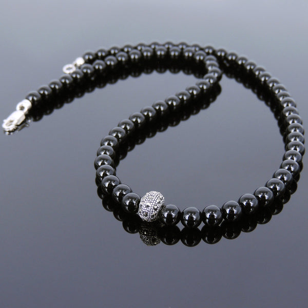 Men's Women Bright Black Onyx Sterling Silver Necklace Gemstone Beads Clasp DiyNoion Handmade NK122