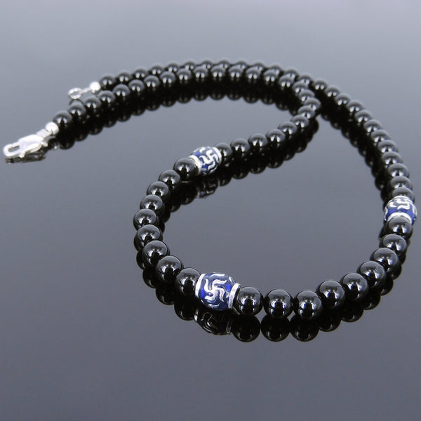 Men's Women Bright Black Onyx Sterling Silver Necklace Gemstone Beads Clasp DiyNoion Handmade NK124