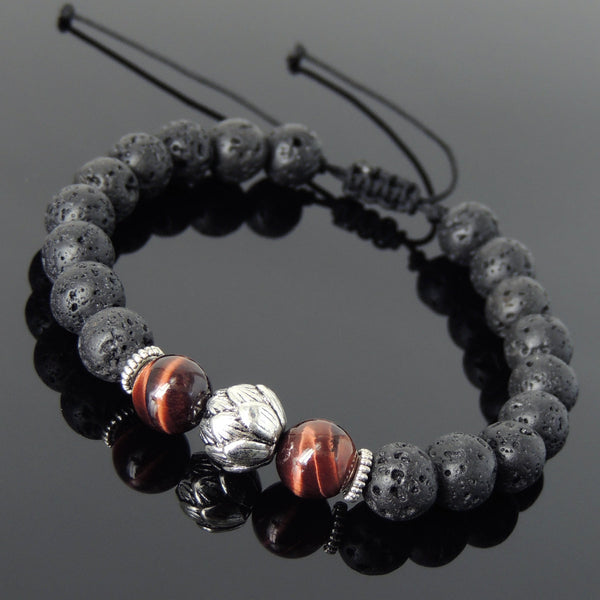 Men's Women Lava Rock Red Tiger Eye Adjustable Braided Bracelet Tibetan Silver Lotus Bead DiyNotion T257