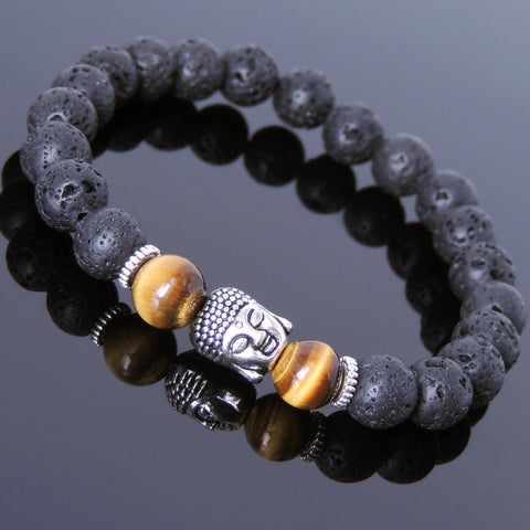Men's Women Lava Rock Tiger Eye Tibetan Silver Bracelet Sakyamuni Buddha Yoga Mala DiyNotion Handmade T151