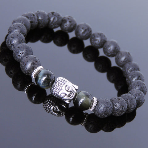 Men's Women Lava Rock Brown Blue Tiger Eye Tibetan Silver Bracelet Sakyamuni Buddha Yoga Mala DiyNotion Handmade T155