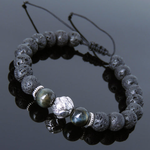 Men's Women Lava Rock Brown Blue Tiger Eye Adjustable Braided Bracelet Tibetan Silver Lotus Bead DiyNotion T260