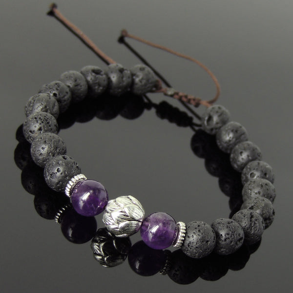 Men's Women Lava Rock Amethyst Adjustable Braided Bracelet Tibetan Silver Lotus Bead DiyNotion T263