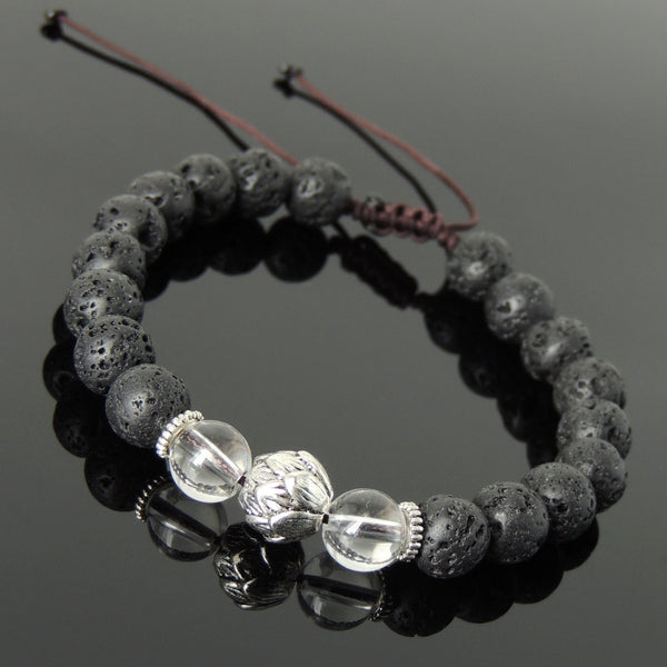 Men's Women Lava Rock White Crystal Adjustable Braided Bracelet Tibetan Silver Lotus Bead DiyNotion T264