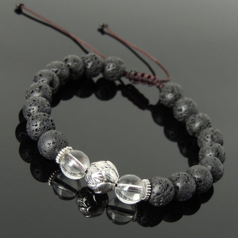Men's Women Lava Rock White Crystal Adjustable Braided Bracelet Tibetan Silver Lotus Bead DiyNotion T264