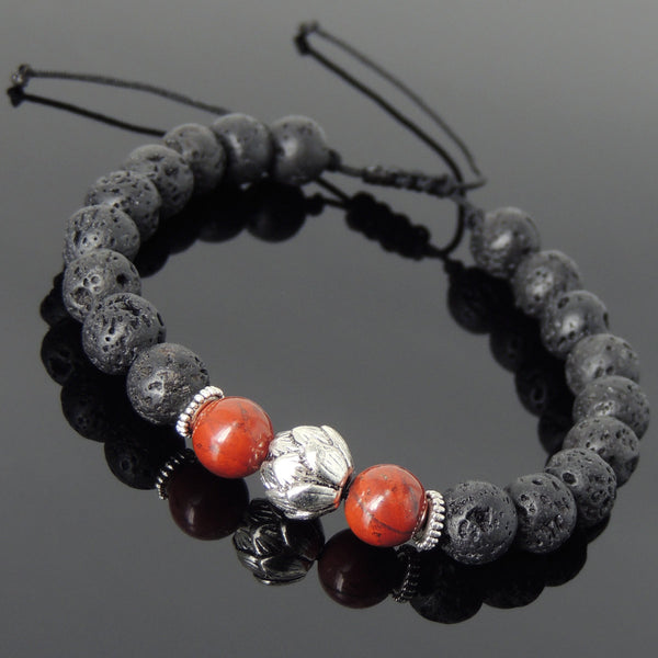 Men's Women Lava Rock Red Jasper Stone Adjustable Braided Bracelet Tibetan Silver Lotus Bead DiyNotion T265