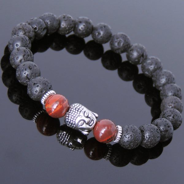 Men's Women Lava Rock Red Jasper Stone Tibetan Silver Bracelet Sakyamuni Buddha Yoga Mala DiyNotion Handmade T160