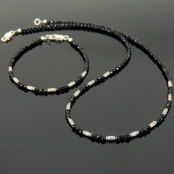 Men's Women 3mm Faceted Black Onyx 925 Sterling Silver Necklace Bracelet Set DiyNotion Handmade NK137_BR872