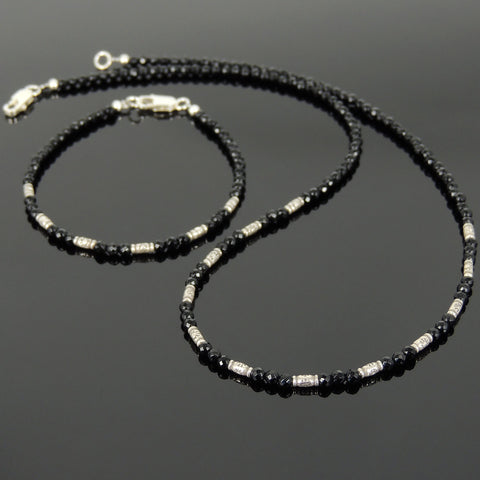 Men's Women 3mm Faceted Black Onyx 925 Sterling Silver Necklace Bracelet Set DiyNotion Handmade NK137_BR872