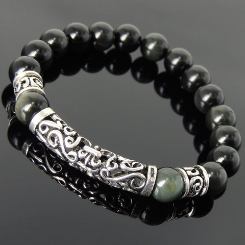 Men's Women Rainbow Black Obsidian 925 Sterling Silver Bracelet Lucky Charm DiyNotion Handmade BR107