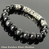 Men's Women Rainbow Black Obsidian 925 Sterling Silver Bracelet Lucky Charm DiyNotion Handmade BR107