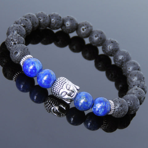 Men's Women Lava Rock Lapis Tibetan Silver Bracelet Sakyamuni Buddha Yoga Mala DiyNotion Handmade T167