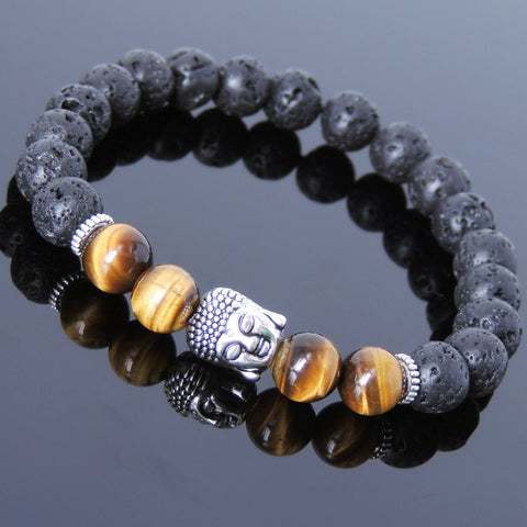Men's Women Lava Rock Tiger Eye Tibetan Silver Bracelet Sakyamuni Buddha Yoga Mala DiyNotion Handmade T168