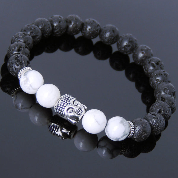 Men's Women Lava Rock White Howlite Tibetan Silver Bracelet Sakyamuni Buddha Yoga Mala DiyNotion Handmade T171
