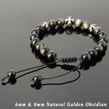 Men's Women Golden Obsidian Adjustable Braided Bracelet 925 Sterling Silver Cross Beads DiyNotion BR845