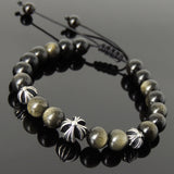 Men's Women Golden Obsidian Adjustable Braided Bracelet 925 Sterling Silver Cross Beads DiyNotion BR845