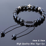 Men's Women Blue Tiger Eye Adjustable Braided Bracelet 925 Sterling Silver Cross Beads DiyNotion BR848