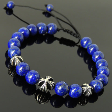 Men's Women Lapis Lazuli Adjustable Braided Bracelet 925 Sterling Silver Round Bead DiyNotion BR849