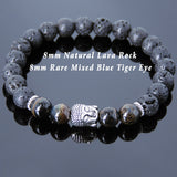 Men's Women Lava Rock Rare Mixed Blue Tiger Eye Tibetan Silver Bracelet Sakyamuni Buddha Yoga Mala DiyNotion Handmade T173