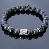 Men's Women Lava Rock Rare Mixed Blue Tiger Eye Tibetan Silver Bracelet Sakyamuni Buddha Yoga Mala DiyNotion Handmade T173