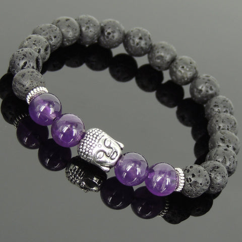 Men's Women Lava Rock Amethyst Tibetan Silver Bracelet Sakyamuni Buddha Yoga Mala DiyNotion Handmade T175