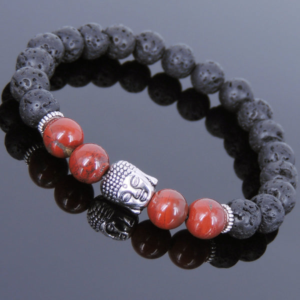 Men's Women Lava Rock Red Jasper Stone Tibetan Silver Bracelet Sakyamuni Buddha Yoga Mala DiyNotion Handmade T177