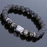 Men's Women Lava Rock Golden Obsidian Tibetan Silver Bracelet Sakyamuni Buddha Yoga Mala DiyNotion Handmade T178
