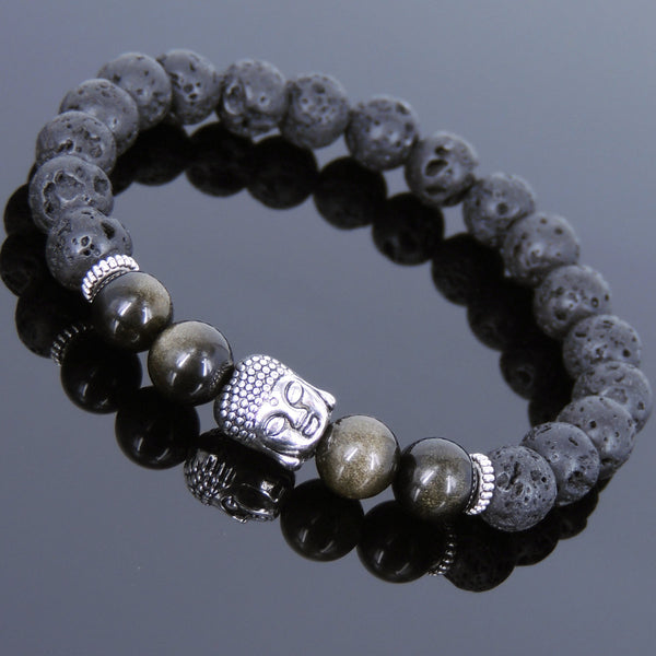 Men's Women Lava Rock Golden Obsidian Tibetan Silver Bracelet Sakyamuni Buddha Yoga Mala DiyNotion Handmade T178