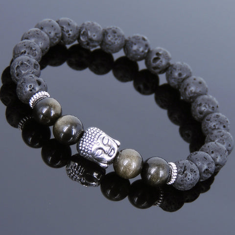 Men's Women Lava Rock Golden Obsidian Tibetan Silver Bracelet Sakyamuni Buddha Yoga Mala DiyNotion Handmade T178