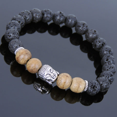 Men's Women Lava Rock Vietnam Agarwood Tibetan Silver Bracelet Sakyamuni Buddha Yoga Mala DiyNotion Handmade T180