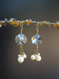 Vintage Crystal & Pearl Earrings, Chandelier Crystal, Old Faux Pearl Cluster Drops, Antique Brass Ear Wires, Gift Earrings CPE121