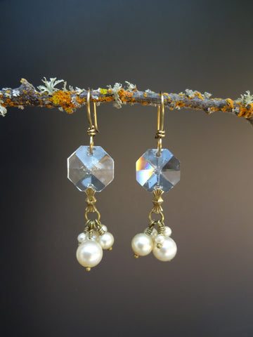 Vintage Crystal & Pearl Earrings, Chandelier Crystal, Old Faux Pearl Cluster Drops, Antique Brass Ear Wires, Gift Earrings CPE121