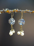 Vintage Crystal & Pearl Earrings, Chandelier Crystal, Old Faux Pearl Cluster Drops, Antique Brass Ear Wires, Gift Earrings CPE121
