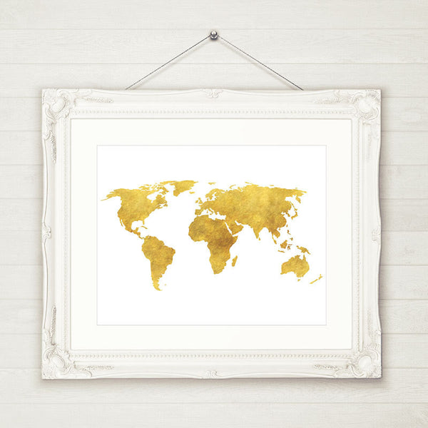 World Map Print Faux Gold Foil INSTANT DOWNLOAD Printable File in 4 Sizes, Modern Art, Travel art, Printable Art World Map Poster Map Sign