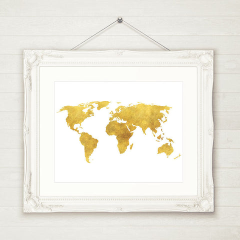 World Map Print Faux Gold Foil INSTANT DOWNLOAD Printable File in 4 Sizes, Modern Art, Travel art, Printable Art World Map Poster Map Sign