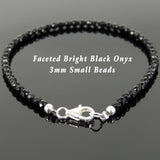 Men's Women 3mm Faceted Black Onyx 925 Sterling Silver Bracelet DiyNotion Handmade BR871