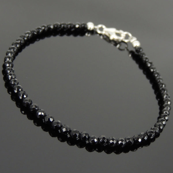 Men's Women 3mm Faceted Black Onyx 925 Sterling Silver Bracelet DiyNotion Handmade BR871
