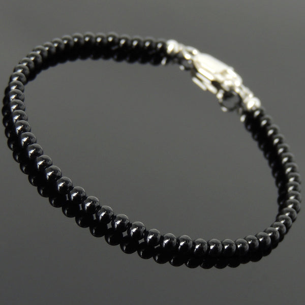 Men's Women 3mm Bright Black Onyx 925 Sterling Silver Bracelet DiyNotion Handmade BR875