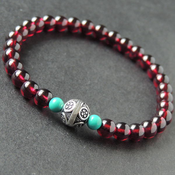 Men's Women Natural AAA Garnet Turquoise Sterling Silver Bracelet with Vintage Bead DiyNotion BR010