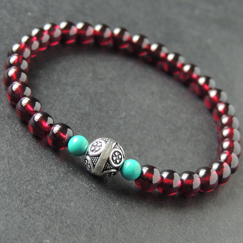 Men's Women Natural AAA Garnet Turquoise Sterling Silver Bracelet with Vintage Bead DiyNotion BR010