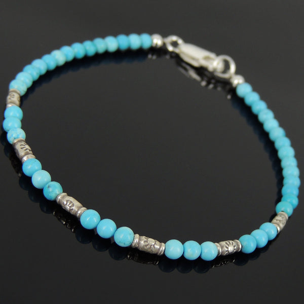 Men's Women 3mm Blue Turquoise 925 Sterling Silver Bracelet Gemstone DiyNotion Handmade BR880