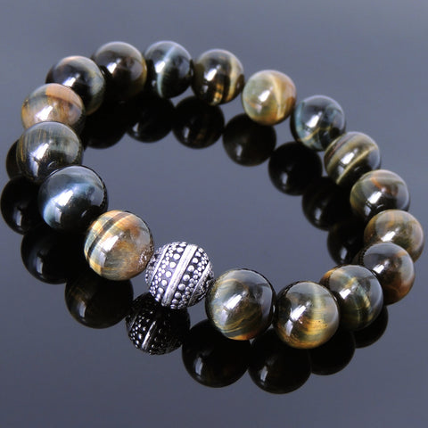 Men's Women Brown Blue Tiger Eye 925 Sterling Silver Bracelet Round Bead DiyNotion Handmade BR881
